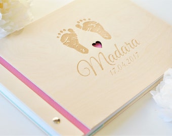 Modern Wood Baby Book Memory Journal Baby Shower Gift for Girl Pink Heart Personalized Wooden Milestone Book Welcome to the World Foot print