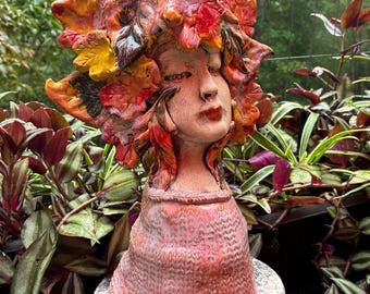 Ceramic Fall Pothead Planter – Handbuilt Autumn Face Pot with Drainage - for Live Plant