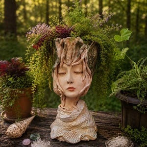 Ceramic Pothead Planter – Handbuilt Face Pot with Drainage - for Live Plant