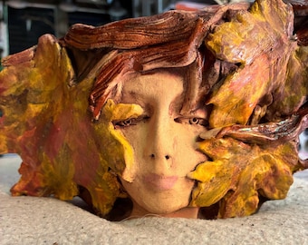 Ceramic Fall Leaf Face Vase – Handbuilt autumn decor - flower arrangements