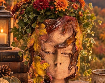 Ceramic Fall Leaf Pothead Planter – Handbuilt Autumn Face Pot with Drainage - for Live Plant