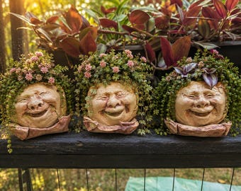 Happy Face Planters- Set of 3- Handbuilt ceramic 3 small planters with drainage dish for Live plants & Succulents