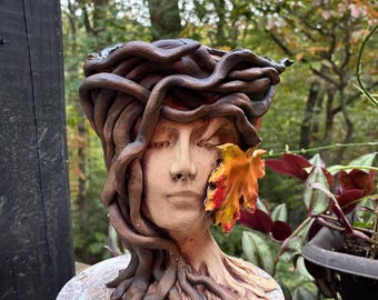 Ceramic Tree of Life Pothead Planter – Handbuilt Autumn Decor Face Pot with Drainage - for Live Plant