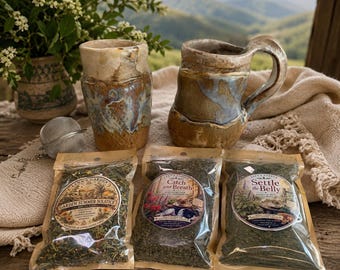 Hand-Built Ceramic Tea Cups Gift Set with Herbal Tea Blend