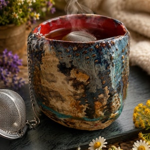 May include: A handcrafted ceramic mug with a textured, multi-colored glaze in shades of blue, brown, and cream, featuring a vibrant red interior. A metal tea infuser with a chain rests inside the steaming liquid, and another infuser sits nearby.