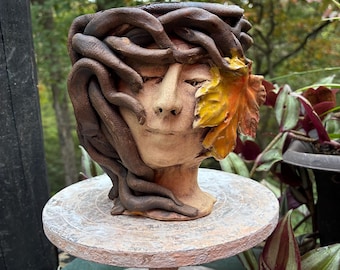 Ceramic Tree of Life Pothead Planter – Handbuilt Autumn Decor Face Pot with Drainage - for Live Plant