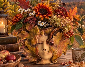 Ceramic Fall Leaf Face Vase – Handbuilt autumn decor - flower arrangements