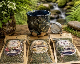 Handbuilt Ceramic Tea Cup Set with Herbal Tea Blend | Rustic Pottery Infuser Gift