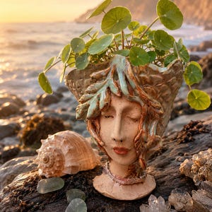 May include: A ceramic head-shaped planter with a textured, light brown finish and blue-green glazed accents resembling hair. The planter features a serene face with closed eyes and red lips, containing a green plant with round, flat leaves.