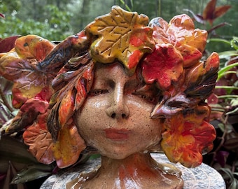 Ceramic Fall Leaf Pothead Planter – Handbuilt Autumn Decor Face Pot with Drainage - for Live Plant