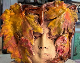 Ceramic Fall Leaf Face Vase – Handbuilt autumn decor - flower arrangements