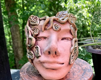 Clearance- Ceramic Forest Spirit  Bud Vase-  Handbuilt Face Pot for cut flower arrangements