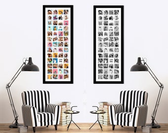 Puede incluir: Dos collages de fotos enmarcados en negro con una variedad de fotos en color y blanco y negro. Los collages están colgados en una pared blanca sobre dos sillones rayados en blanco y negro.