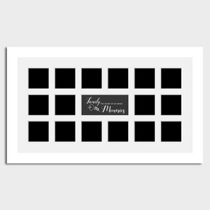 May include: White picture frame with 16 black square openings for photos. The frame has a black mat with the text "Family, the heart of so many memories" in white cursive.
