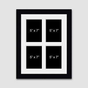 May include: Black picture frame with a white mount and four openings for 5x7 inch photos.