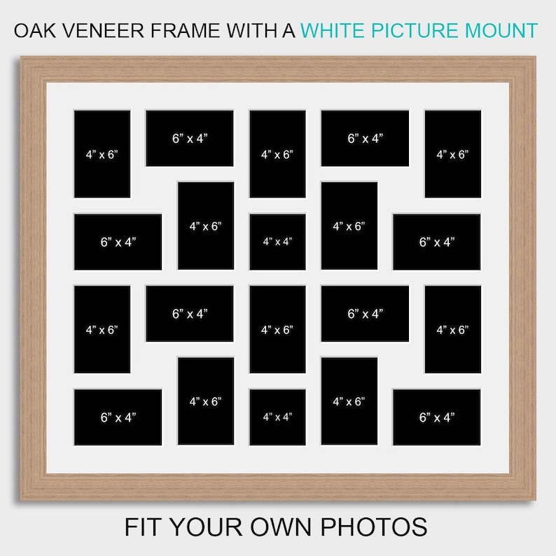 May include: A white picture frame with a natural oak veneer finish. The frame has 18 openings for photos in various sizes, including 4x6 inches, 6x4 inches, and 4x4 inches. The frame has the text "FIT YOUR OWN PHOTOS" printed below the openings.