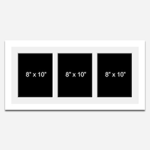 May include: White picture frame with three 8x10 inch openings. The frame has a white mount and a white border.