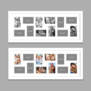 May include: A white picture frame with 12 openings for photos. The frame is divided into two rows of six openings. The openings are labelled with the dimensions of the photos that can be placed in them. The dimensions are 6 inches by 4 inches and 4 inches by 6 inches.