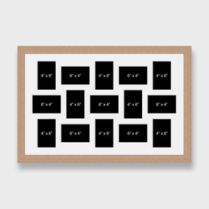 May include: A natural wood picture frame with a white mount and 15 openings for photos. The openings are in various sizes, including 4x6 inches and 6x4 inches.