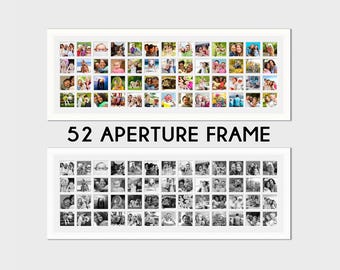 May include: A white rectangular collage frame featuring 52 square apertures arranged in four rows. The frame is displayed twice, once with color photographs and once with black and white photographs. The text 52 APERTURE FRAME is centered.