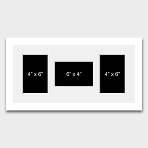 May include: White picture frame with three openings for photos. The openings are labelled with the dimensions 4" x 6", 6" x 4", and 4" x 6".