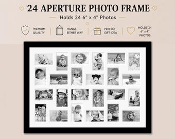 Large Multi Photo Frame | Holds 24 6"x4" Photos in a Black Wood Frame with a White Mount
