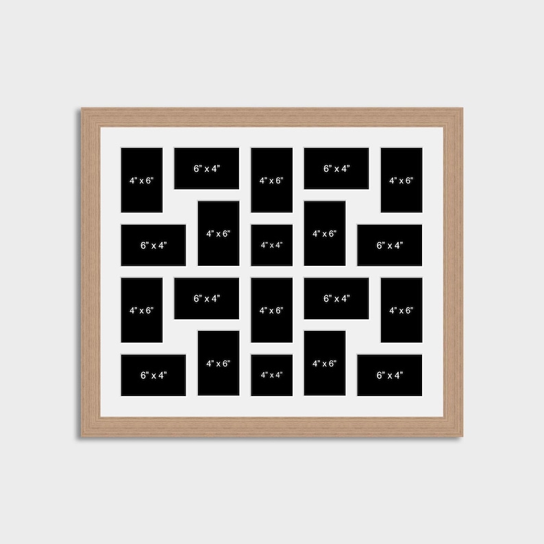 20 Aperture multi photo frame with a white mount and an oak veneer frame. Hangs either way.