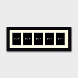 May include: Black picture frame with five 5x7 inch openings. The frame has a white mat and is ready to display your favorite photos.
