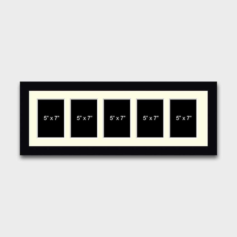 May include: Black picture frame with five 5x7 inch openings. The frame has a white mat and is ready to display your favorite photos.