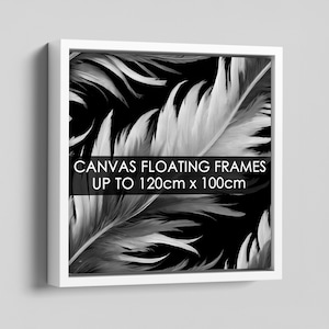 May include: A square canvas floating frame with a white border containing a black and white image of overlapping feathers. A black horizontal banner across the centre displays the white text: CANVAS FLOATING FRAMES UP TO 120cm x 100cm.