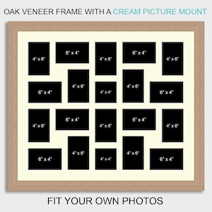 May include: A cream picture frame with a wood veneer finish. The frame has 18 openings for photos, with measurements of 4x6 inches and 6x4 inches. The frame has the text "FIT YOUR OWN PHOTOS" at the bottom.