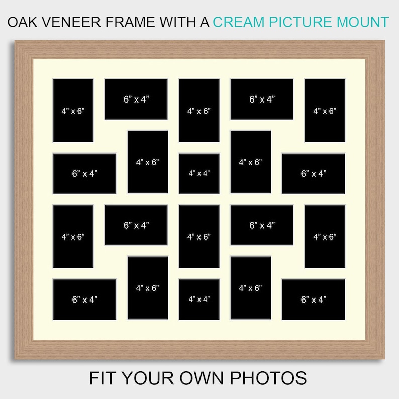 May include: A cream picture frame with a wood veneer finish. The frame has 18 openings for photos, with measurements of 4x6 inches and 6x4 inches. The frame has the text "FIT YOUR OWN PHOTOS" at the bottom.