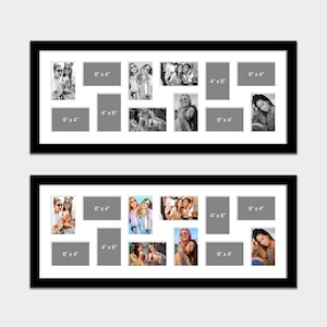 May include: A black picture frame with a white mount and 12 openings for photos. The openings are arranged in two rows of six. The openings are labelled with the dimensions of the photos that they can hold. The dimensions are 6 inches by 4 inches and 4 inches by 6 inches.