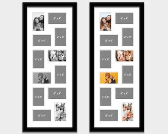 Puede incluir: Un marco de fotos negro con un paspartú blanco contiene 16 fotos de diferentes tamaños. El marco está dividido en dos columnas, cada una con ocho aberturas. Las aberturas están etiquetadas con las dimensiones de las fotos que pueden contener, como "6" x "4" pulgadas.