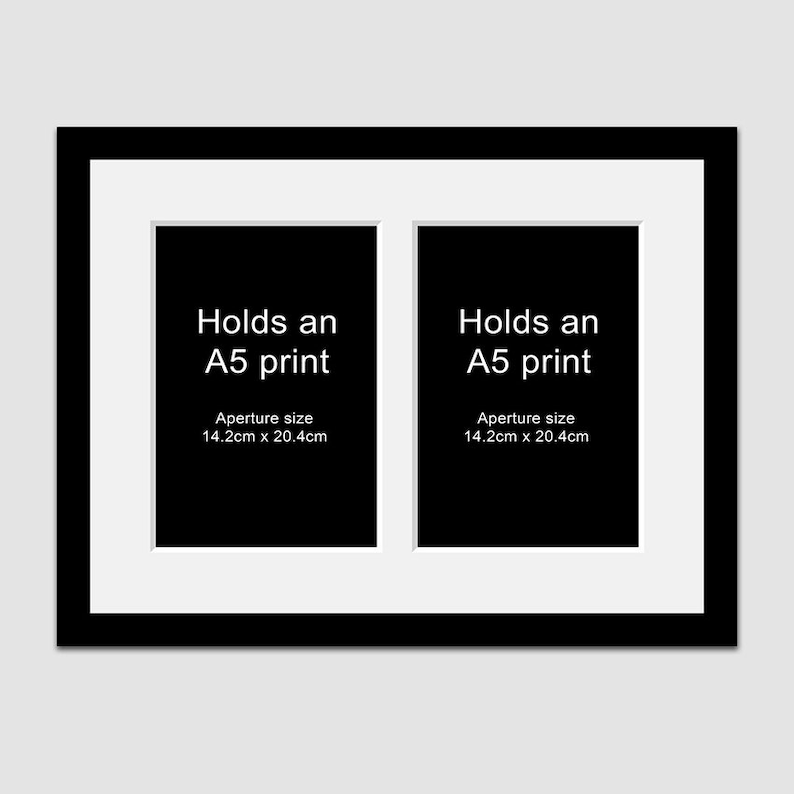 May include: Black picture frame with two openings, each holding an A5 print. The frame has a white mat and the text "Holds an A5 print" and "Aperture size 14.2cm x 20.4cm" is printed on each opening.