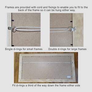 May include: Close-up of the back of a picture frame showing how to hang it. The frame has a white cord attached to two D-rings. The text reads "Single d-rings for small frames", "Double d-rings for large frames", and "Fit d-rings a third of the way down the frame either side".