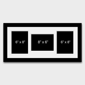 May include: A black picture frame with a white mount and three openings for photos. The openings are labelled with the dimensions 6" x 8", 8" x 6", and 6" x 8".