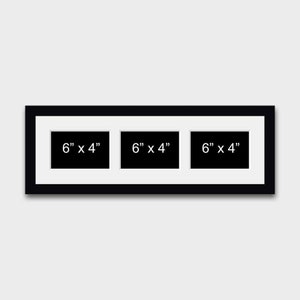May include: Black picture frame with three openings for 6x4 inch photos.