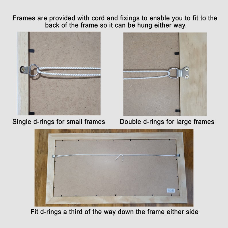 May include: Close-up of the back of a picture frame showing how to hang it. The frame has a single D-ring on the left side and a double D-ring on the right side. The D-rings are attached to a white cord. Text reads: "Single d-rings for small frames" and "Double d-rings for large frames".