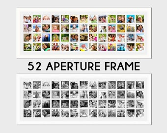 Puede incluir: Un marco de fotos blanco con 52 aberturas para fotos. El marco está vacío y listo para ser llenado con fotos. El marco es de 52 aberturas.