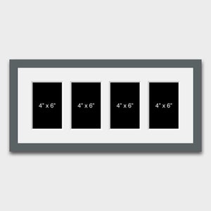May include: A grey picture frame with four openings for 4x6 inch photos. The frame has a white mount and a grey outer frame.