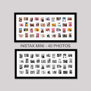 May include: A black picture frame with a white mount, displaying 40 Instax Mini photos in a collage. The top row of photos is in colour, and the bottom row is in black and white. The frame is labelled "INSTAX MINI - 40 PHOTOS".