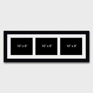 May include: Black picture frame with three openings, each measuring 10 inches by 8 inches. The frame has a white mount and a black border.
