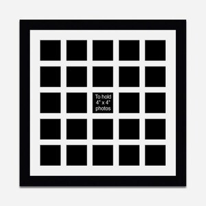 May include: A black and white photo frame with a grid of 25 square openings. The frame is designed to hold 10 cm x 10 cm photos, as indicated by the text in the center. The frame has a white inner border and a thick black outer border.