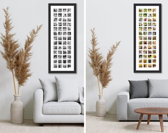 Puede incluir: Dos collages de fotos enmarcados, uno en blanco y negro y otro en color, cada uno con numerosas imágenes cuadradas pequeñas. Los marcos son negros y rectangulares, y los collages se exhiben en una pared blanca. La habitación está decorada con muebles de tonos neutros y plantas secas.