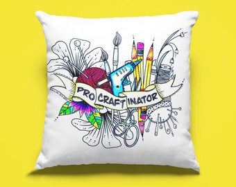 Funny Gift for Artist or Crafter, DIY Craft Kit Gift Idea, ProCRAFTinator Cute Throw Pillow, Adult Craft Activity Kit, Colour-your-own art