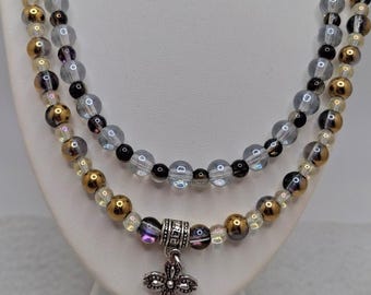 Eva NC089, Beaded Cross Necklace, Silver Gold and Clear Iridescent Beads, Faith Statement, Gift for Woman