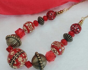 Carmen NC069, Vintage Type Red Necklace, Red and Gold Necklace, Red Statement Necklace, Mixed Media Necklace, Gift for Her, Spring Jewelry