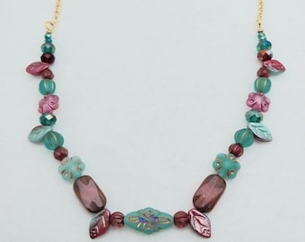 Alexandra NC071, Czech Glass Bead Necklace, Unique Beaded Necklace, Summer Necklace, Aqua and Cranberry Necklace, Gift for Woman