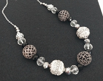 Xena NC068, White and Silver Necklace, Bold Statement Necklace, Mixed Media Necklace, Spring Necklace, Summer Necklace, Gift for Woman